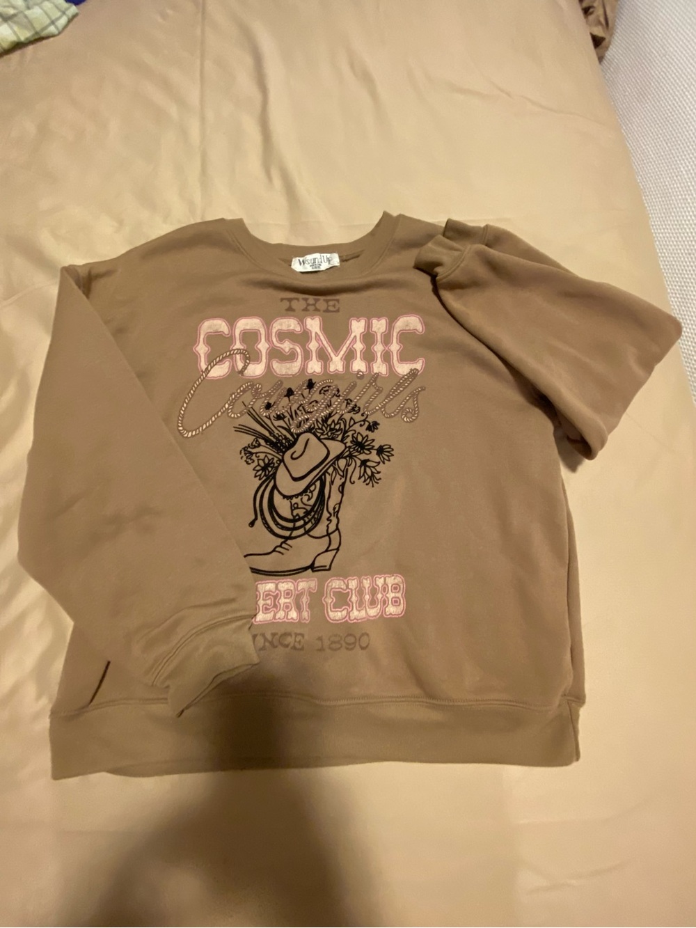 Wound Up Brown Crewneck Sweatshirt with Pink Graphic